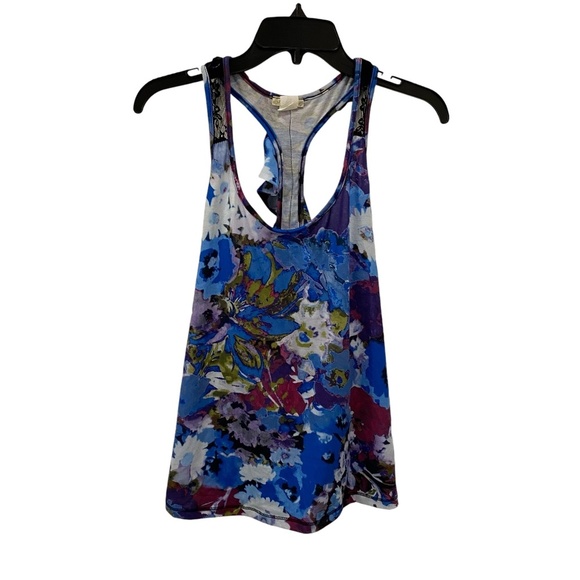 Nicolette Lace Ruffle Back Floral Watercolor Splash Tank Top. Multicolor. Medium - Picture 1 of 10